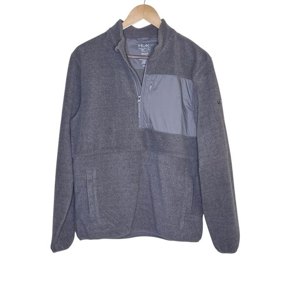 Huk Grey Men's 1/4 Zip Fleece Pullover Chest Pocket Side Pockets Size Small - Picture 1 of 7